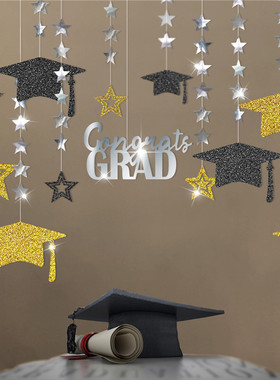 Congrats Grad五角星毕业帽拉旗 高校毕业生派对舞会装饰横幅拉花