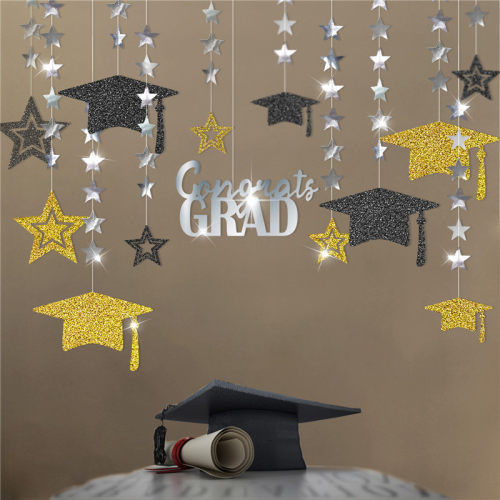 Congrats Grad五角星毕业帽拉旗 高校毕业生派对舞会装饰横幅拉花