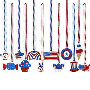 新款独立日项链USA国旗吊坠项链美国国庆节派对装饰塑料电镀珠链