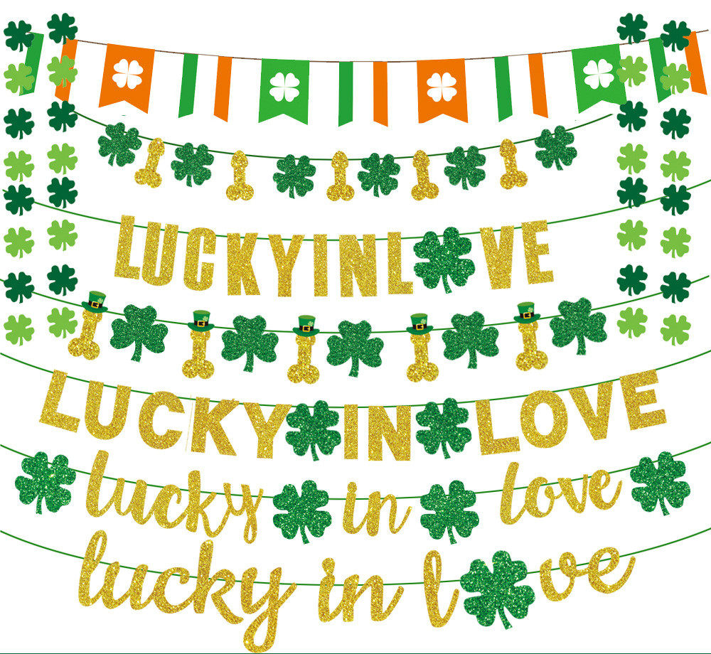 爱尔兰圣帕特里克节lucky in love字母拉旗 幸运草绿叶节装饰拉花