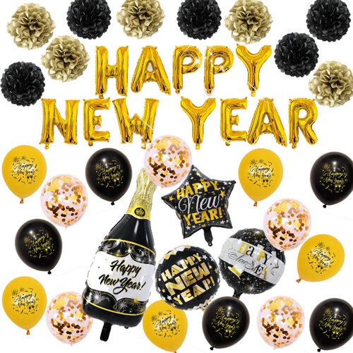 黑金新年派对装饰year套餐气球