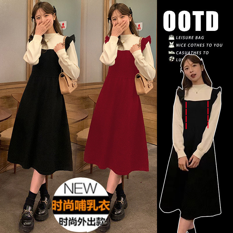 秋冬外出红色长袖哺乳针织连衣裙