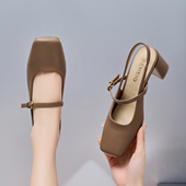粗跟方头玛丽珍鞋 戈美其包头凉鞋 凉拖法式 高跟女鞋 女新款 夏季
