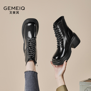 戈美其高跟马丁靴女2023年冬季 厚底粗跟炸街机车靴洋气小短靴 新款