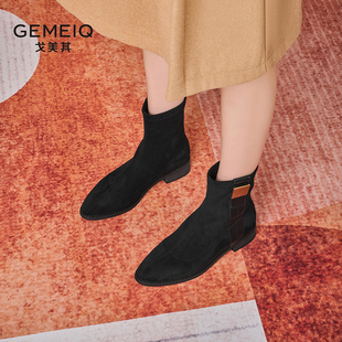 戈美其马丁靴女2025春季 气质通勤复古百搭绒面瘦瘦靴弹力短靴 新款