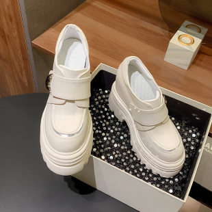 坡跟单鞋 米白色内增高休闲鞋 女2025春季 北西迪真皮12CM厚底松糕鞋