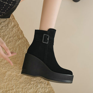 北西迪磨砂皮9CM坡跟马丁靴女秋冬真皮百搭厚底短靴子女大码 女靴