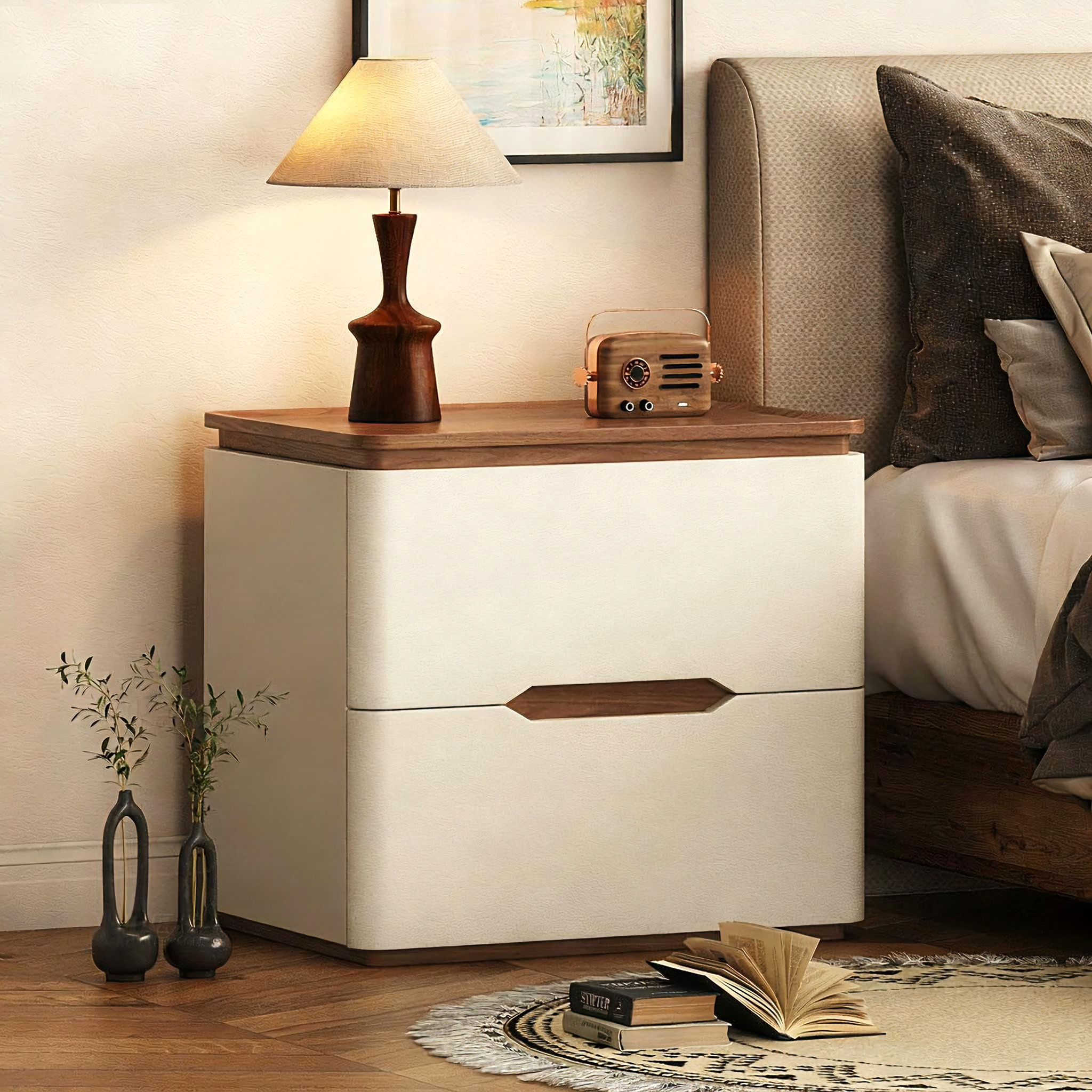 免安装实木床头柜新款中古奶油风