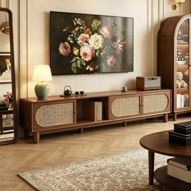 电视柜藤编家用小户型电视机柜2026新款茶几柜组合落地一体收纳柜