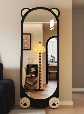 镜子全身镜落地镜家用穿衣镜挂立两用黑色小熊中古风贴墙试衣镜子