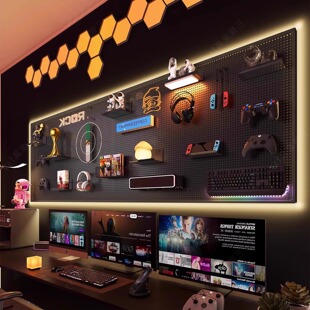 电竞洞洞板免打孔定制款墙上置物架电竞房背景墙面收纳装饰展示架