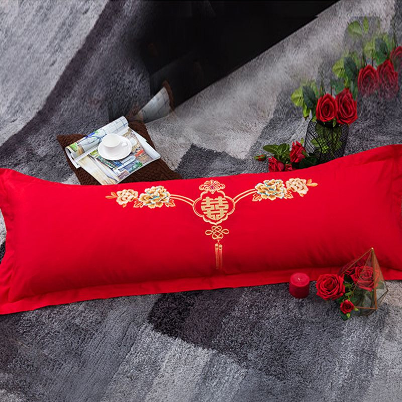 婚庆1.5米全棉长枕套喜庆双人枕头皮套刺绣龙凤长枕大红色结婚房