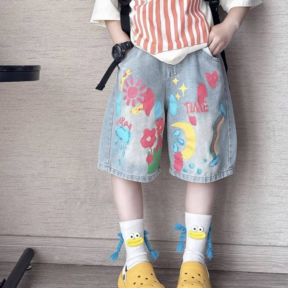 女童牛仔裤夏季新款2026女大童洋百搭潮酷个性涂鸦牛仔短裤五分裤
