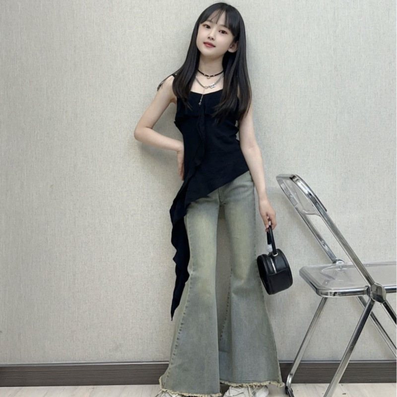 女童牛仔裤夏季套装2025新款中大童洋气韩版荷叶边上衣时尚两件套