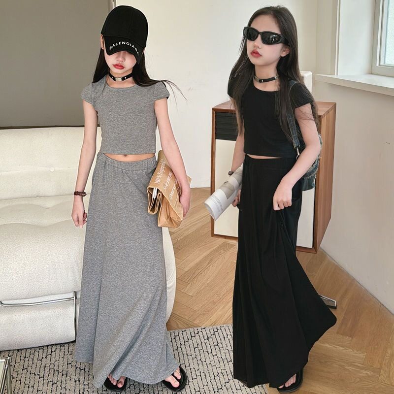 女童2026新款法式灰色套装简约短袖长裙中大儿童显瘦气质两件套潮