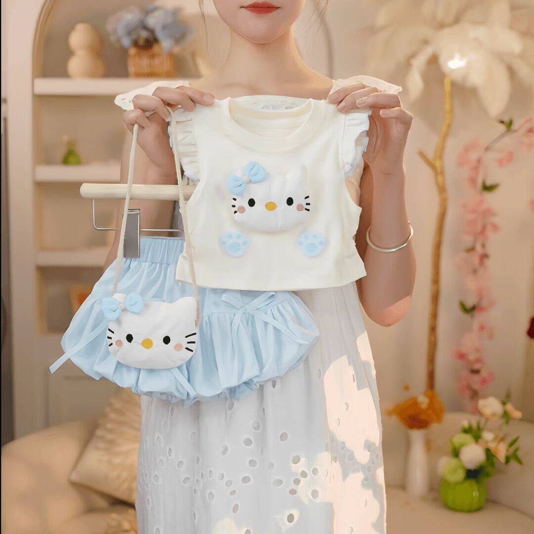 女童套装夏季新款儿童洋气时髦hollekitty无袖上衣花苞短裙两件套