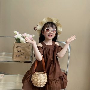 女童礼服公主裙夏季短袖露肩2026新款中小童洋气连衣裙纯色淑女