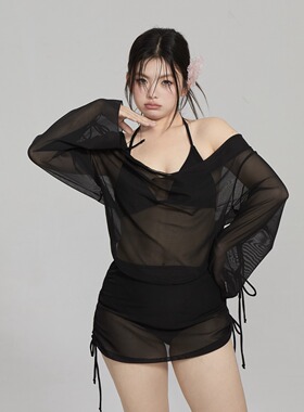 小楠微胖泳衣黑色高级性感大胸比基尼四件套度假温泉泳衣女大码
