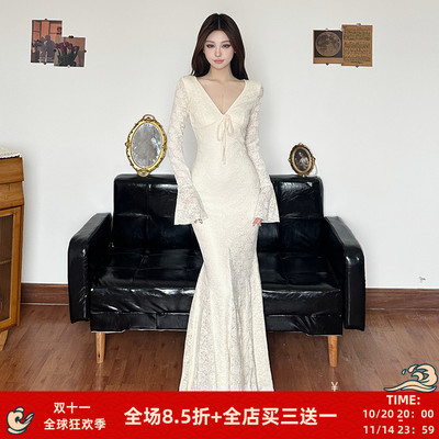 法式蕾丝收腰连衣裙复古显瘦长裙