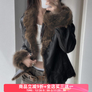 上衣冬 复古百搭显瘦开衫 FabGirls 浪游世纪毛毛拼接撞色皮革外套