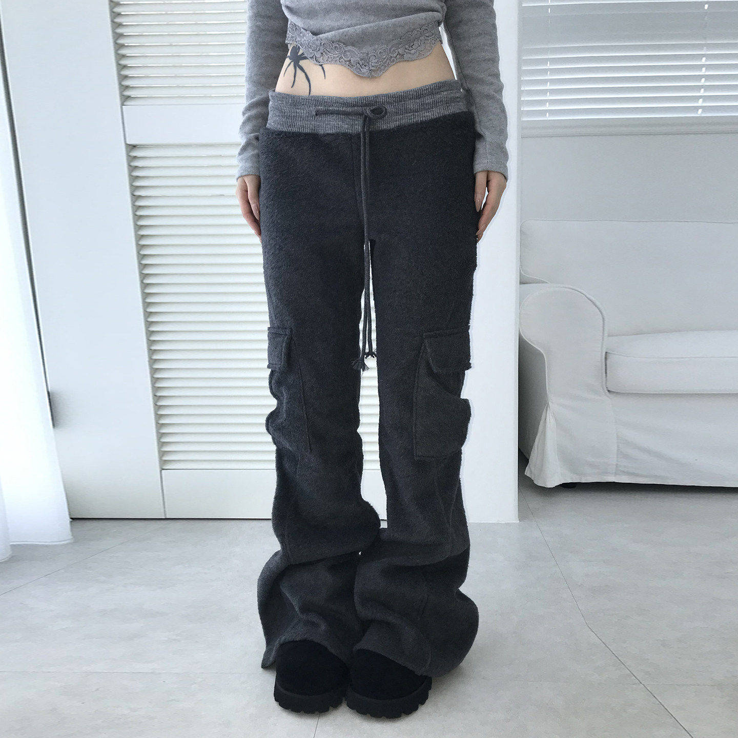 FabGirls 街头工装风口袋拼接撞色磨毛休闲裤 复古百搭显瘦针织裤