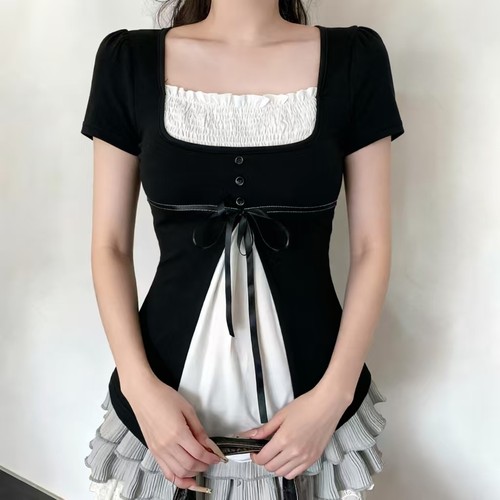 法式少女假两件撞色拼接短袖T恤