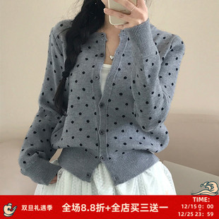 短上衣 小众百搭显瘦开衫 FabGirls 韩系复古波点印花排扣毛衣外套