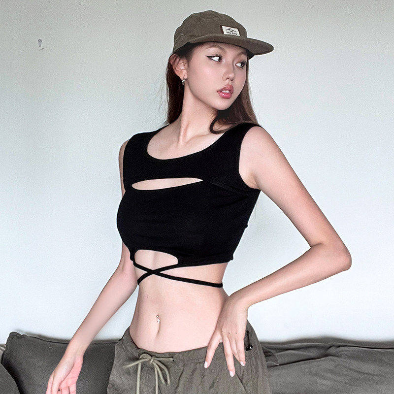 FabGirls 解构主义镂空系带圆领无袖背心 辣妹百搭显瘦外穿短上衣