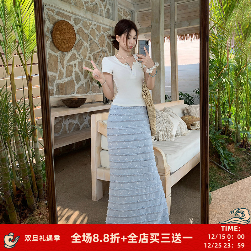 FabGirls 糖果色系木耳边拼接蕾丝蛋糕裙 小众百搭显瘦包臀裙长裙