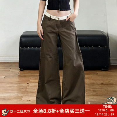 美式做旧拼接撞色低腰牛仔裤