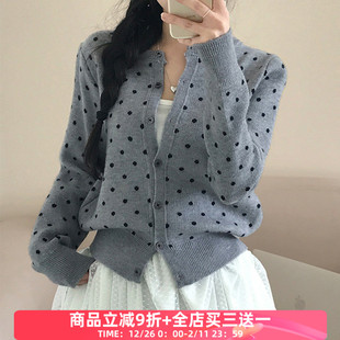 短上衣 小众百搭显瘦开衫 FabGirls 韩系复古波点印花排扣毛衣外套