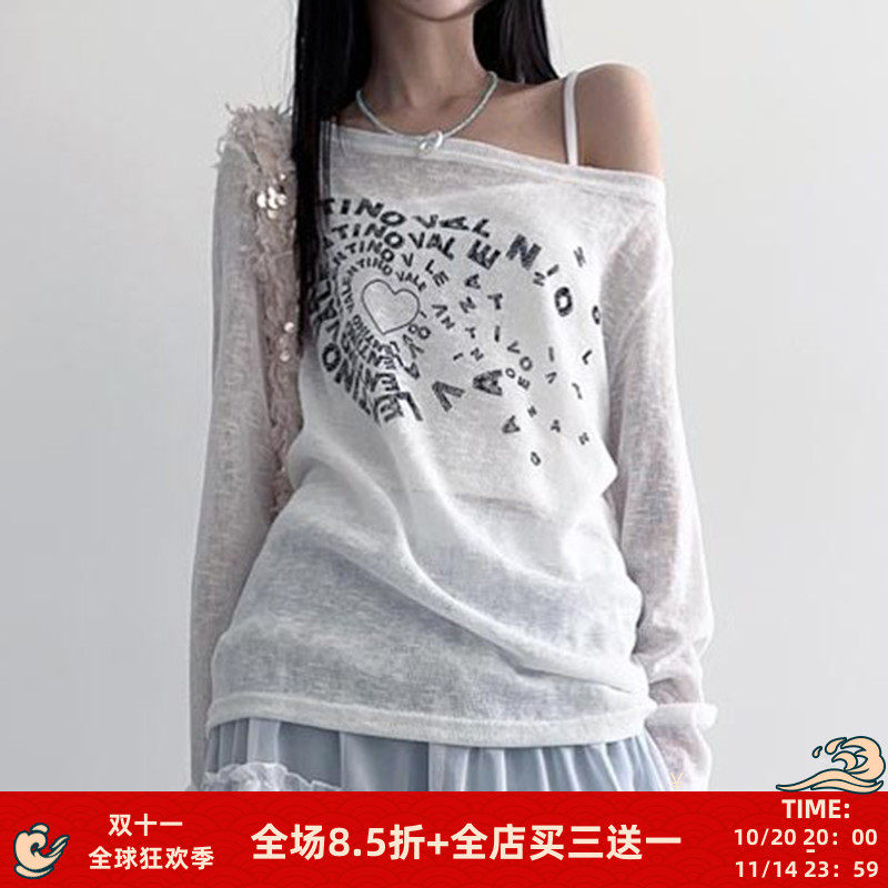 FabGirls 随意调调个性印花轻薄斜肩长袖T恤 慵懒百搭罩衫防晒衣