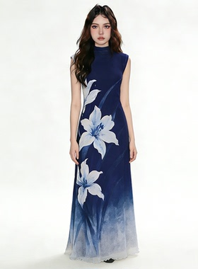 FabGirls 蓝鸢如梦花卉印花渐变燕尾网纱连衣裙 复古百搭显瘦长裙