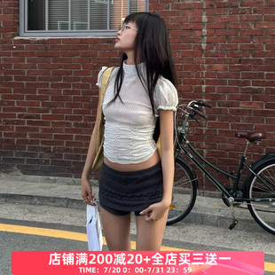 小众显瘦短上衣 FabGirls 法式 俏皮褶皱收腰波点网纱高领短袖 T恤