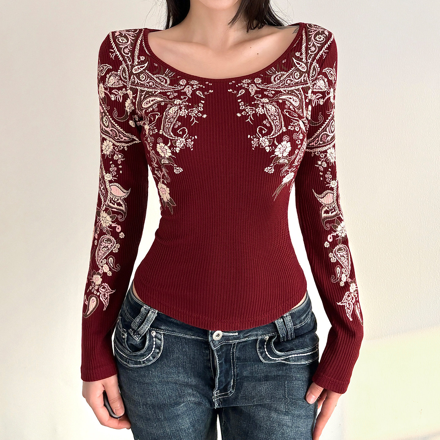 FabGirls 中式复古植物印花华夫格长袖T恤 小众百搭显瘦打底上衣,女装/女士精品,T恤,淘宝优惠券,粉丝福利购,淘宝优惠卷