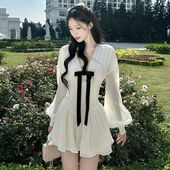 FabGirls 百搭显瘦a字裙 连衣裙 法式 少女蝴蝶结拼接撞色收腰长袖