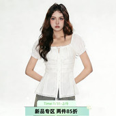 FabGirls 小众百搭显瘦上衣 衬衫 法式 复古蕾丝拼接系带方领短袖