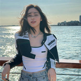 FabGirls 机车风字母印花撞色拉链拼接立领外套 辣妹百搭夹克上衣