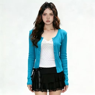 FabGirls 复古孔雀蓝排扣拼接毛织开衫 小众百搭显瘦短裙两件套