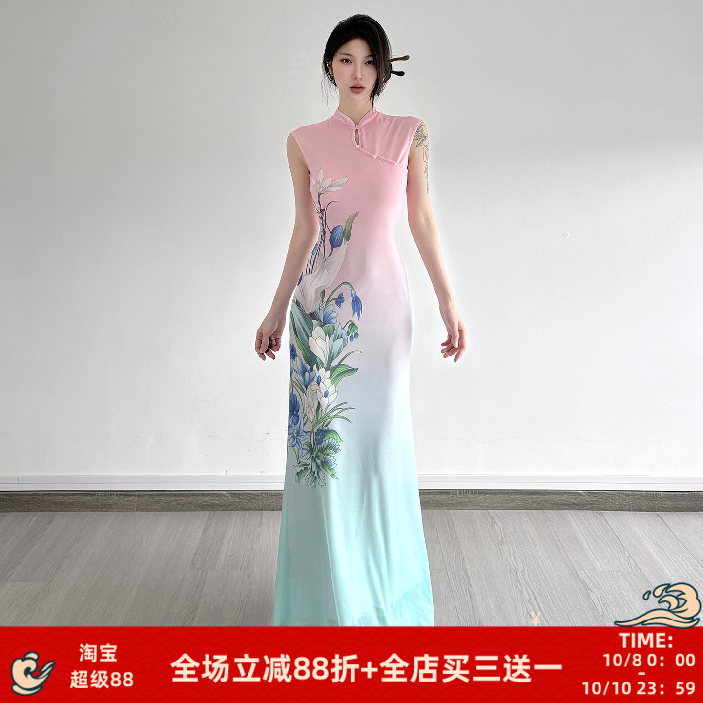 国风艺术花卉印花旗袍改良连衣裙