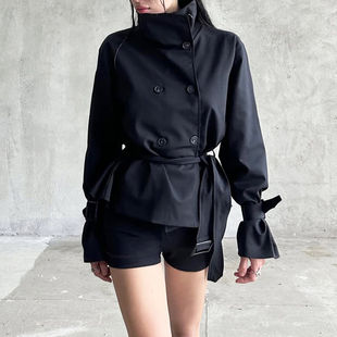 FabGirls 时髦大女主纽扣拼接绑带梭织风衣外套 辣妹百搭显瘦上衣