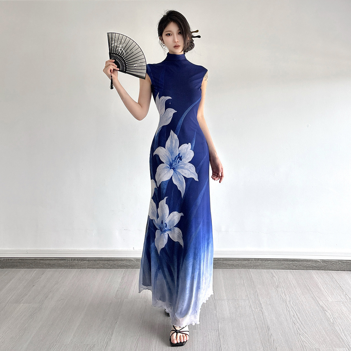 FabGirls 蓝鸢如梦花卉印花渐变燕尾网纱连衣裙 复古百搭显瘦长裙