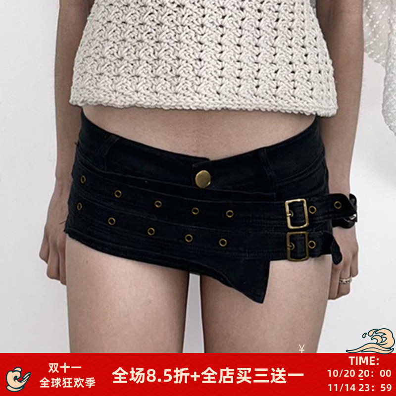FabGirls 暗黑美式鸡眼日字扣拼接低腰短裤 辣妹百搭显瘦休闲热裤