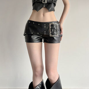 FabGirls 暗黑朋克铆钉拼接日字扣皮革低腰短裤 辣妹百搭显瘦热裤