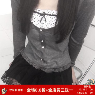 百搭显瘦上衣 T恤 FabGirls 日系假两件波点领口拼接排扣花边长袖