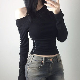 FabGirls 纯欲性感排扣拼接收腰斜肩长袖T恤 辣妹百搭显瘦短上衣