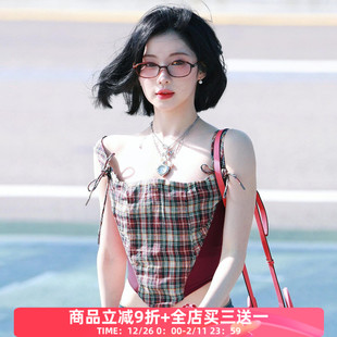 复古百搭显瘦短上衣 格纹撞色网纱拼接吊带背心 FabGirls Asa同款