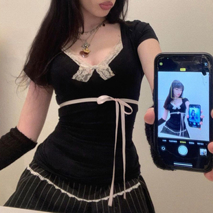 FabGirls 复古百搭显瘦上衣 日系甜美蕾丝拼接蝴蝶结系带长袖 T恤