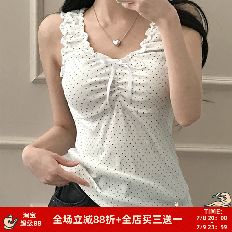 美式bm木耳边拼接小波点无袖背心