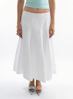 FabGirls 法式复古花边拼接分割梭织半身裙 小众百搭显瘦直筒长裙